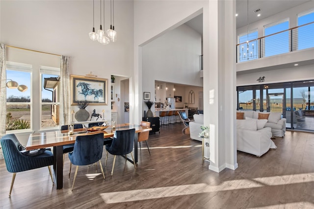 14402 Stice Rd, Krum, TX 76249 - dining room with a towering ceiling, wood finished floors, plenty of natural light, a chandelier, and baseboards