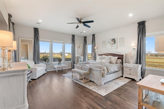 14402 Stice Rd, Krum, TX 76249 - bedroom with dark wood-type flooring, recessed lighting, and ceiling fan