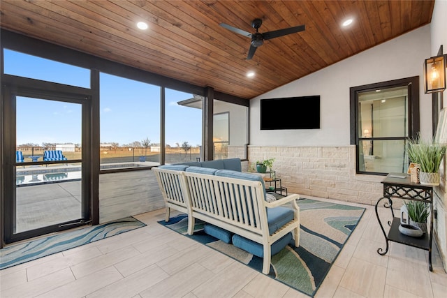 14402 Stice Rd, Krum, TX 76249 - sunroom with outdoor lounge area, lofted ceiling, and ceiling fan