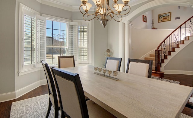 dining space with dark wood-type flooring, baseboards, stairs, decorative columns, and crown molding