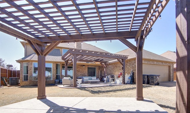 view of patio featuring central AC unit, outdoor lounge area, fence, and a pergola