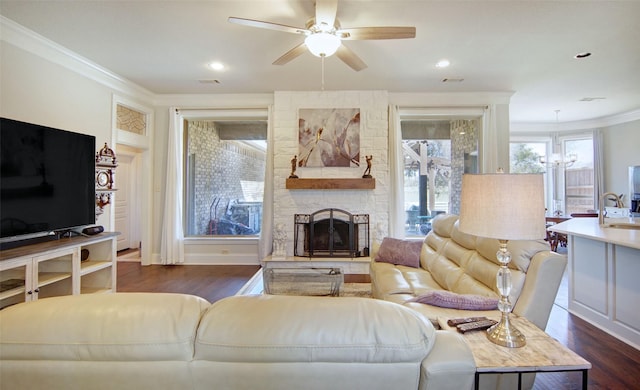 living area featuring ornamental molding, a stone fireplace, ceiling fan with notable chandelier, and dark wood-style floors