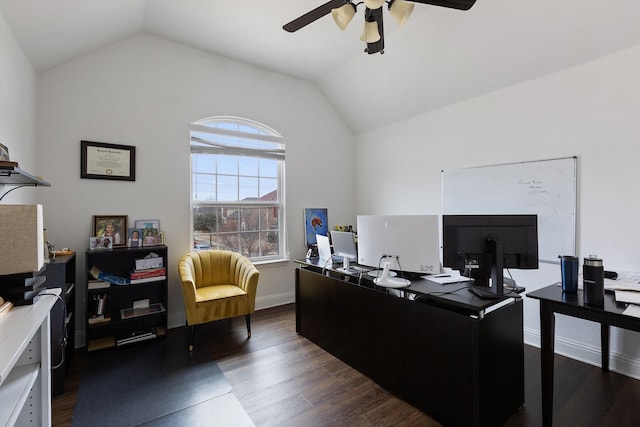 home office featuring lofted ceiling, dark wood-style floors, ceiling fan, and baseboards