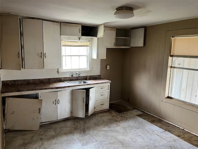 kitchen with dark countertops, a sink, and wood walls