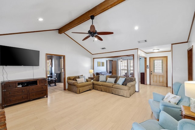 living room with vaulted ceiling with beams, visible vents, light wood-style flooring, and a ceiling fan