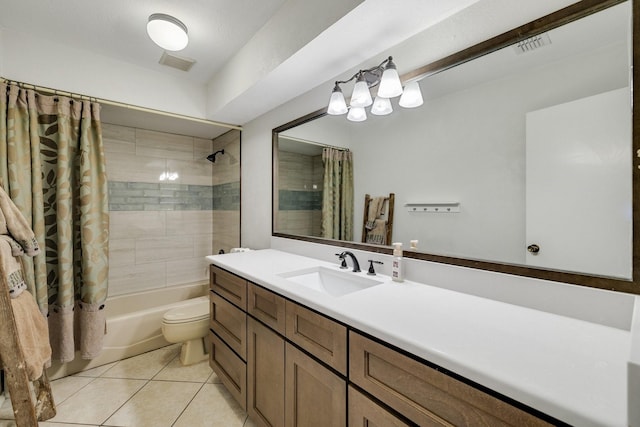 bathroom featuring tile patterned flooring, visible vents, shower / bathtub combination with curtain, and vanity