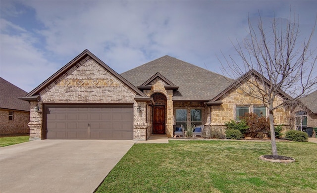 french country style house with roof with shingles, an attached garage, a front lawn, concrete driveway, and brick siding