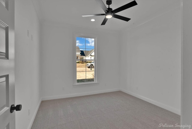 spare room with baseboards, recessed lighting, a ceiling fan, and light colored carpet