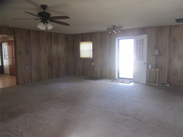 spare room with wood walls and carpet flooring