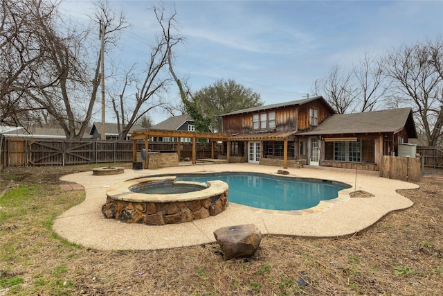 view of swimming pool with a fenced backyard, a fire pit, french doors, a gate, and a patio area