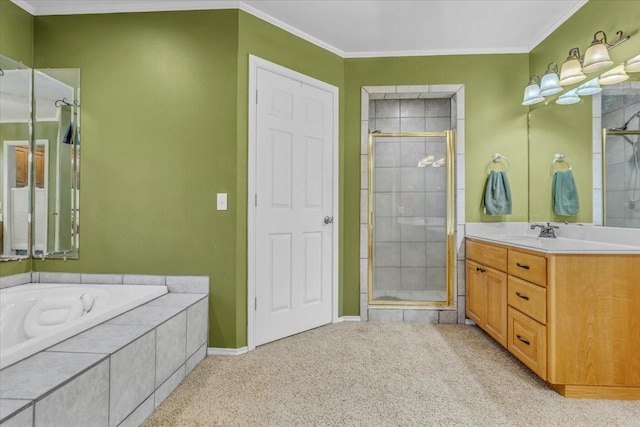 bathroom featuring carpet floors, a relaxing tiled tub, vanity, a shower stall, and crown molding