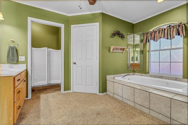 full bath with baseboards, ornamental molding, vanity, carpet floors, and a bath