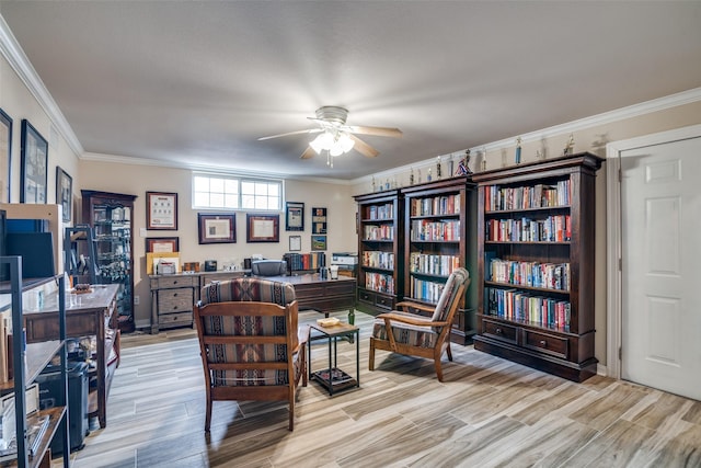 home office with ceiling fan, light wood-style flooring, and ornamental molding