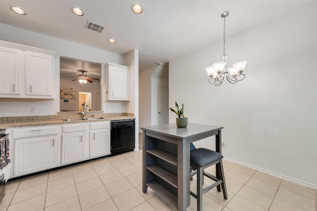 kitchen featuring visible vents, black dishwasher, light tile patterned flooring, white cabinetry, and a sink