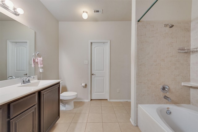 bathroom featuring visible vents, toilet, bathtub / shower combination, tile patterned floors, and vanity