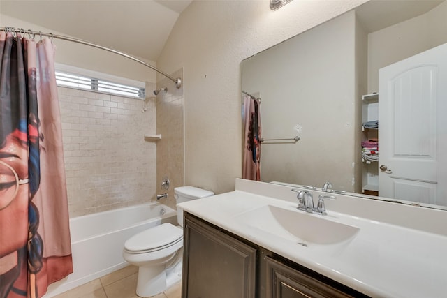 4041 Merriman Dr, Heartland, TX 75126 - full bathroom with toilet, vanity, lofted ceiling, shower / bath combination with curtain, and tile patterned flooring