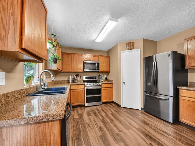 kitchen featuring light countertops, light wood finished floors, appliances with stainless steel finishes, and a sink