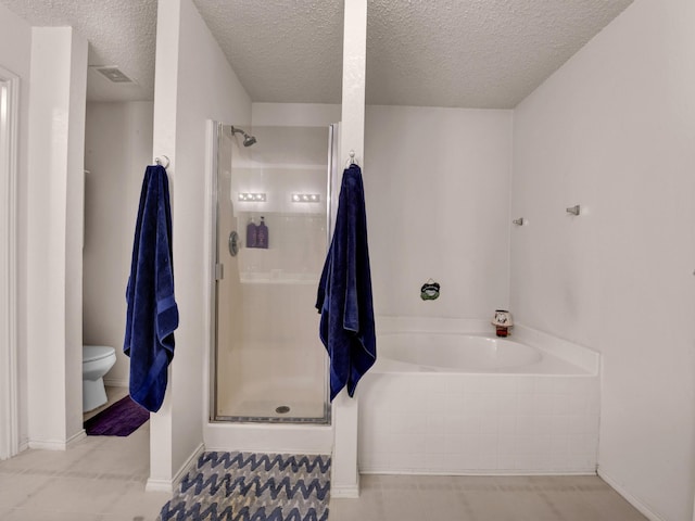 full bathroom featuring a bath, visible vents, a shower stall, and toilet