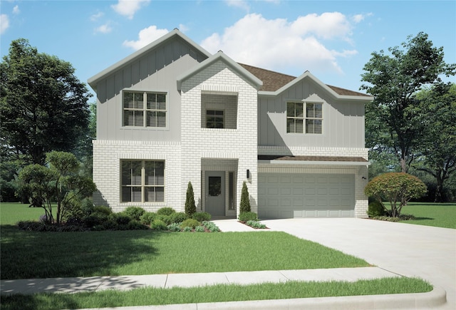 view of front of home with a front lawn, driveway, board and batten siding, a garage, and brick siding