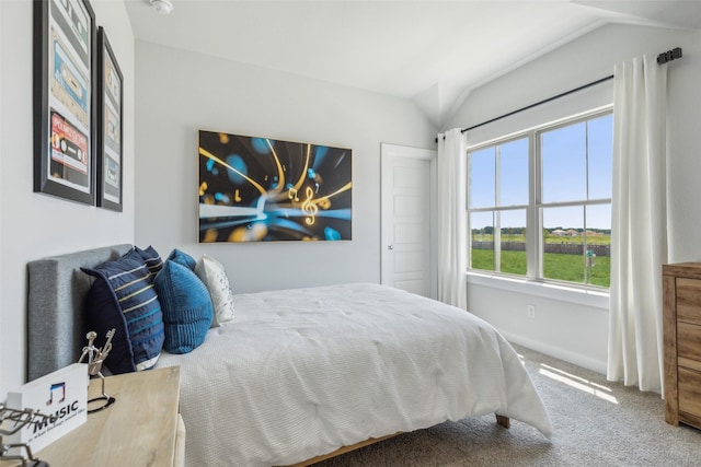 bedroom featuring baseboards, carpet, and vaulted ceiling