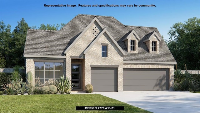 view of front of property featuring driveway, brick siding, an attached garage, and a front yard