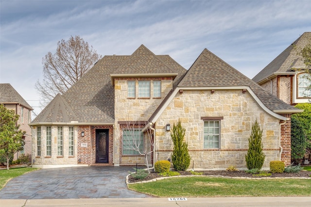 view of front of home featuring brick siding, stone siding, and roof with shingles