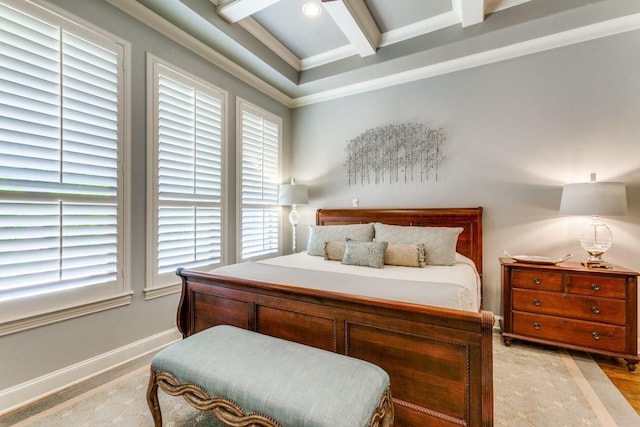 bedroom featuring beamed ceiling, coffered ceiling, baseboards, and ornamental molding