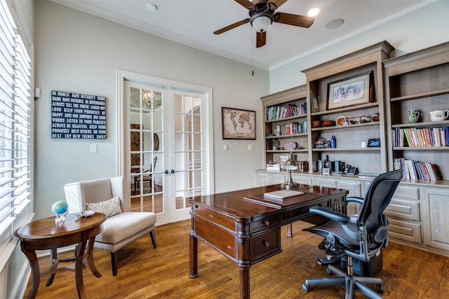 office area featuring crown molding, wood finished floors, french doors, and ceiling fan