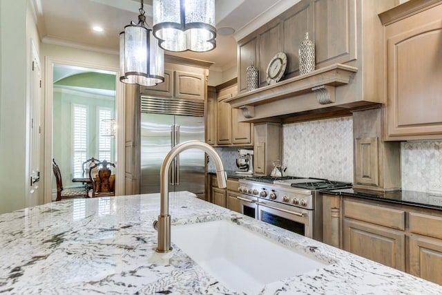 kitchen featuring light stone counters, tasteful backsplash, premium appliances, and ornamental molding