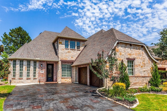 view of front of property with a garage, stone siding, a shingled roof, and aphalt driveway