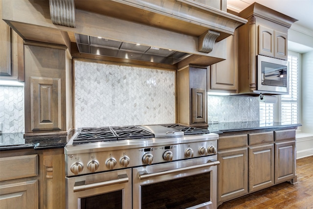 kitchen featuring dark countertops, premium range hood, dark wood-style flooring, and stainless steel appliances