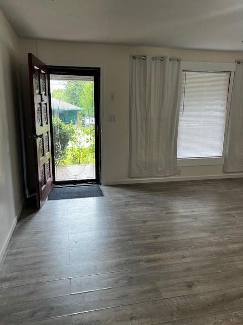 entryway with baseboards and wood finished floors