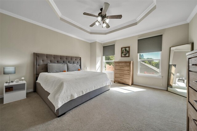 carpeted bedroom with ceiling fan, a tray ceiling, baseboards, and ornamental molding