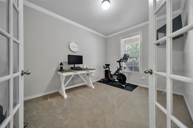 workout area with french doors, carpet floors, baseboards, and crown molding