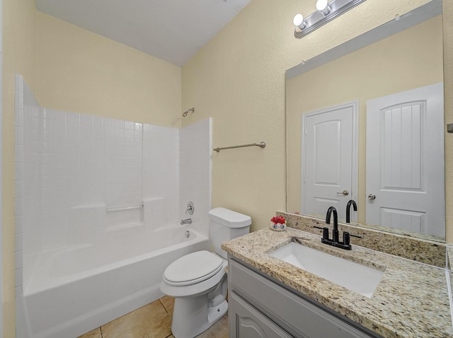 bathroom featuring vanity, tile patterned floors, toilet, and  shower combination