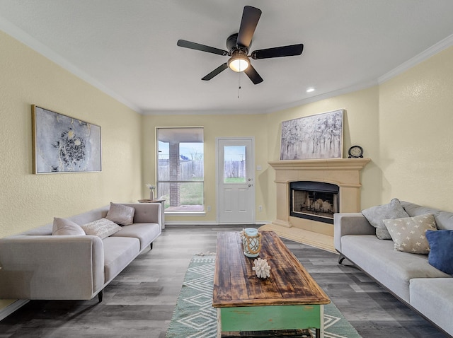 living area featuring a fireplace, wood finished floors, a textured wall, and ornamental molding