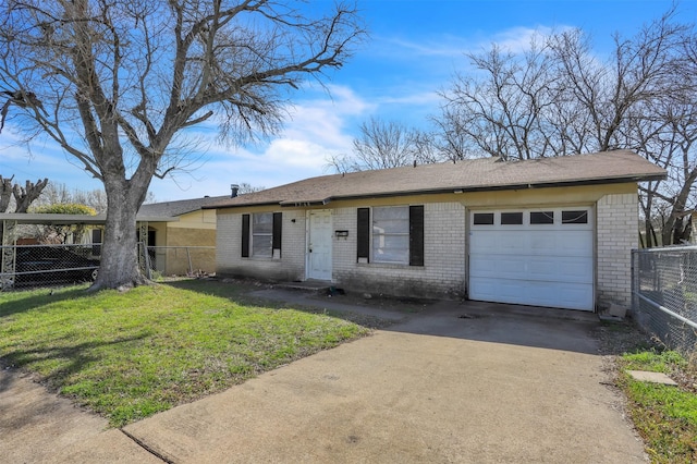 single story home featuring driveway, brick siding, an attached garage, and fence