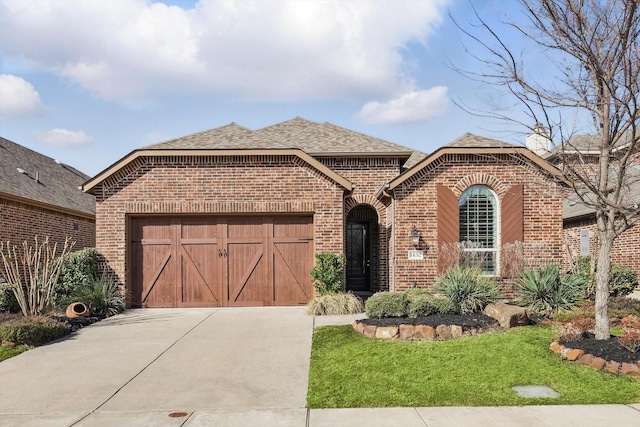 french country style house with a garage, brick siding, driveway, and roof with shingles