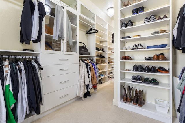 walk in closet with light carpet