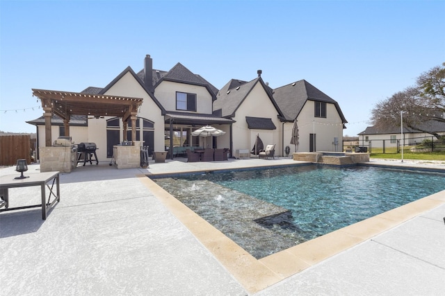 view of pool featuring fence, a pergola, outdoor lounge area, a patio area, and a grill