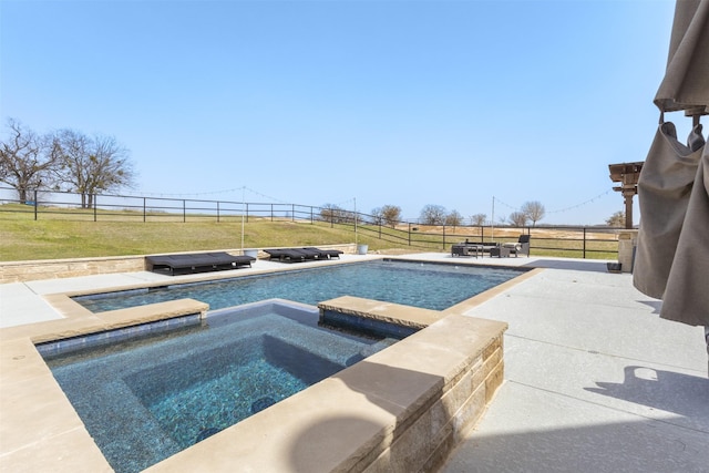 view of swimming pool featuring a yard, a fenced backyard, and a pool with connected hot tub