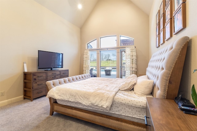 bedroom with access to outside, high vaulted ceiling, baseboards, and light carpet