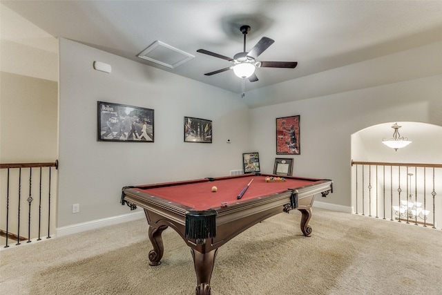 game room with baseboards, carpet floors, ceiling fan, and billiards