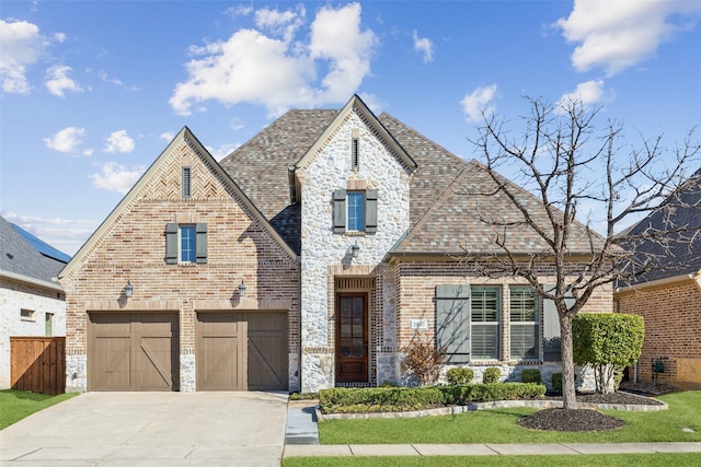 french provincial home with brick siding, roof with shingles, a garage, stone siding, and driveway