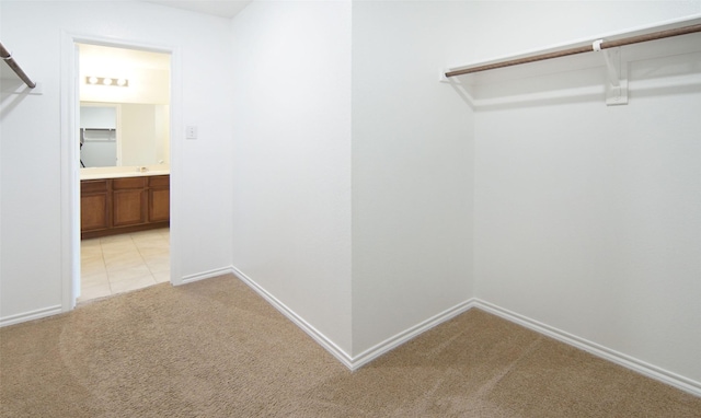 walk in closet featuring light colored carpet and a sink