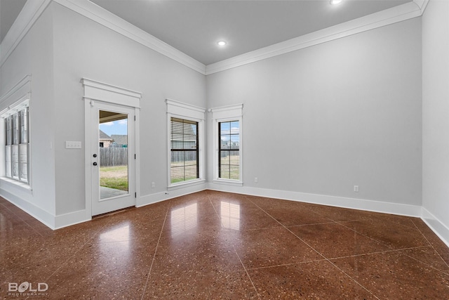 unfurnished room featuring recessed lighting, baseboards, and ornamental molding