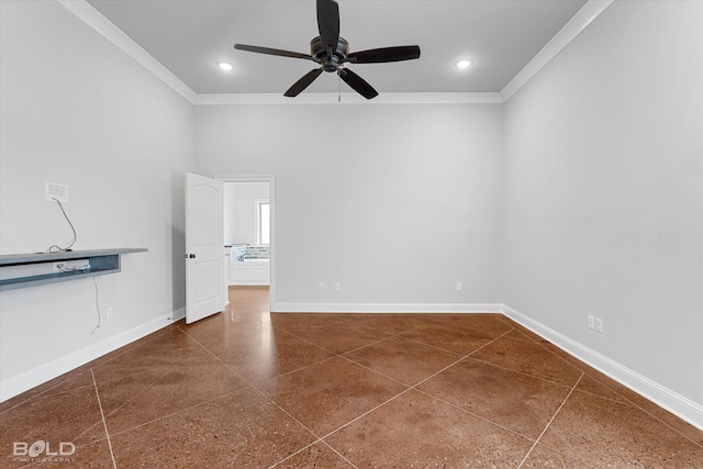 unfurnished room with a ceiling fan, crown molding, recessed lighting, and baseboards