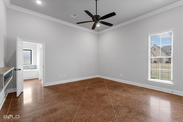 unfurnished room with visible vents, ornamental molding, recessed lighting, baseboards, and ceiling fan