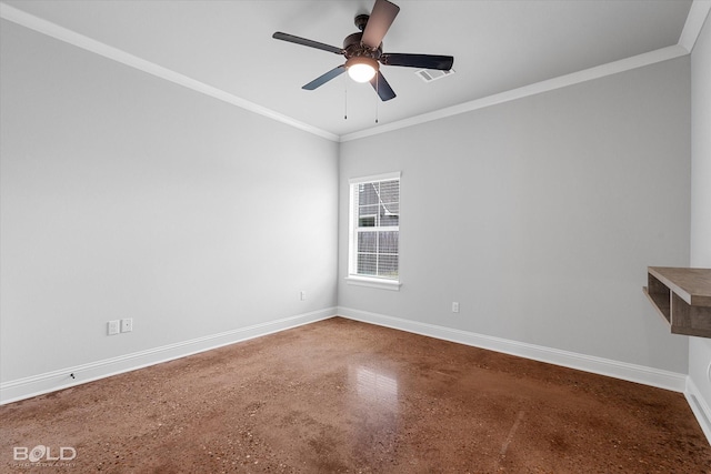 spare room featuring ceiling fan, concrete floors, baseboards, and ornamental molding