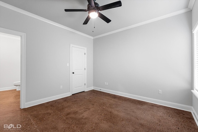 unfurnished room with a ceiling fan, baseboards, and ornamental molding